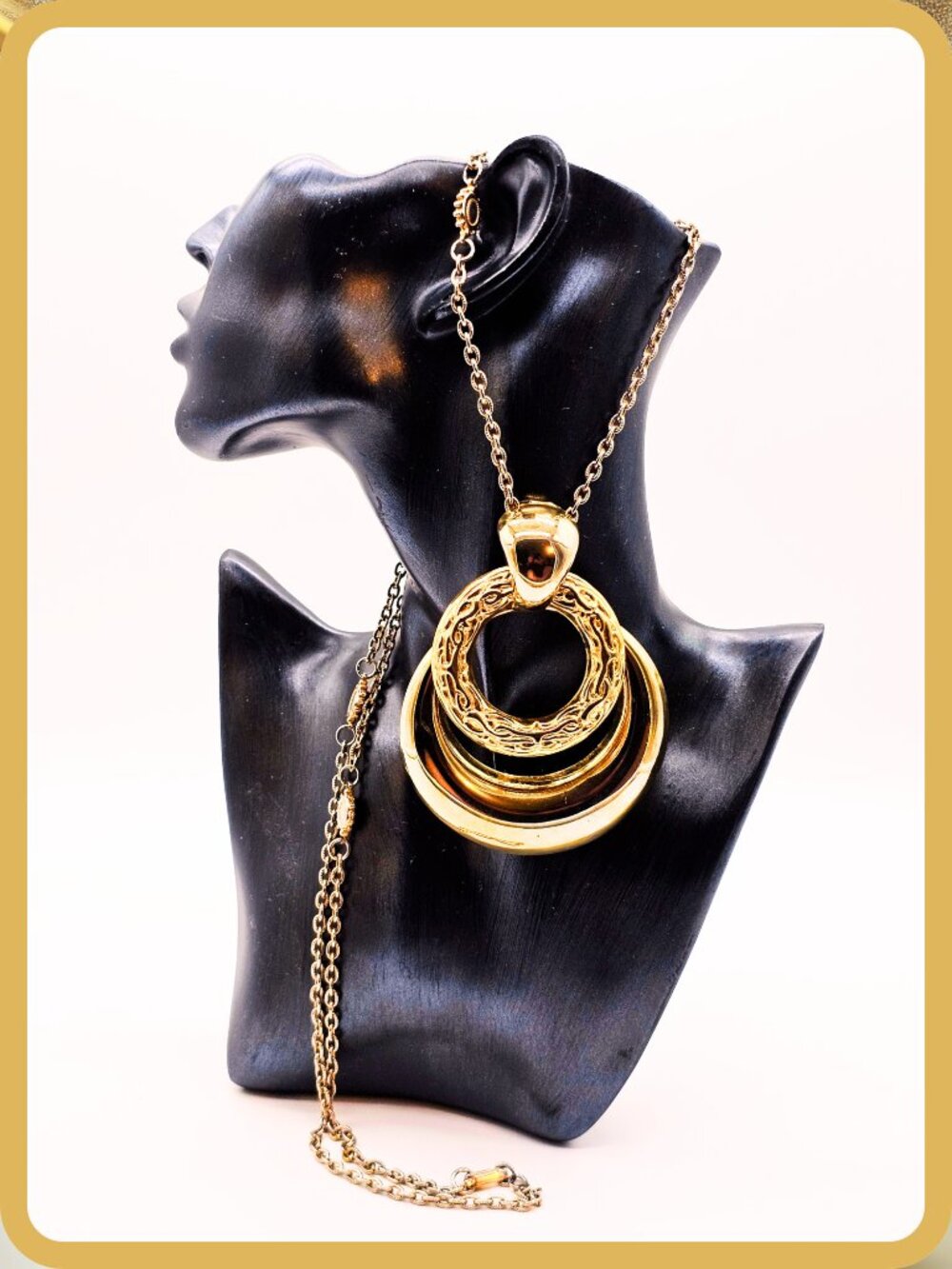 Vintage Gold Tone Double Hoop Pendant Necklace Long Chain Statement Jewelry